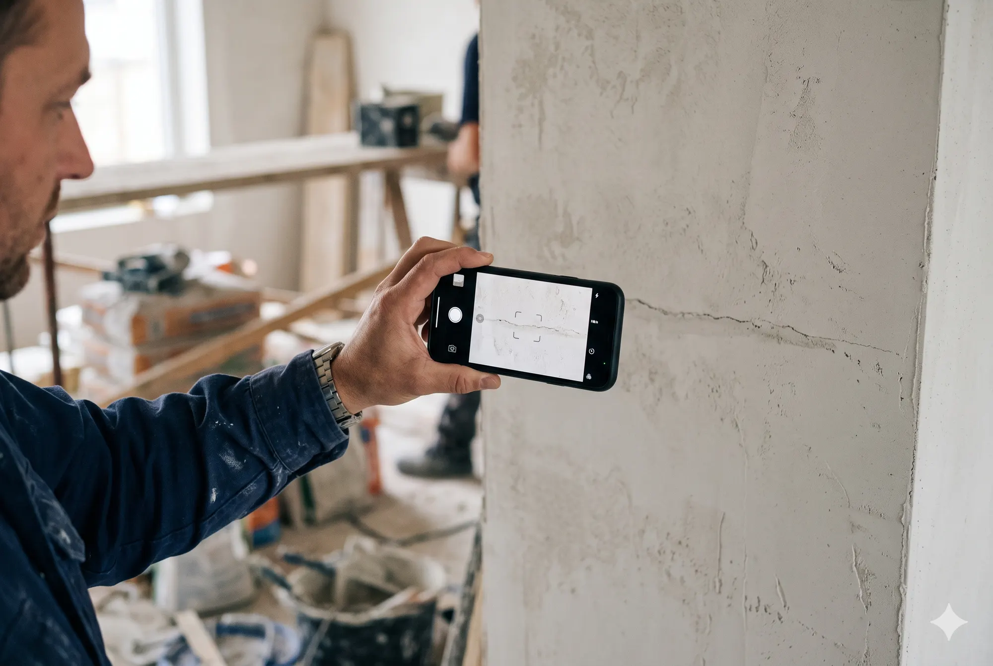 Bauarbeiter fotografiert mit Smartphone einen Riss in der Betonwand zur Schadensdokumentation